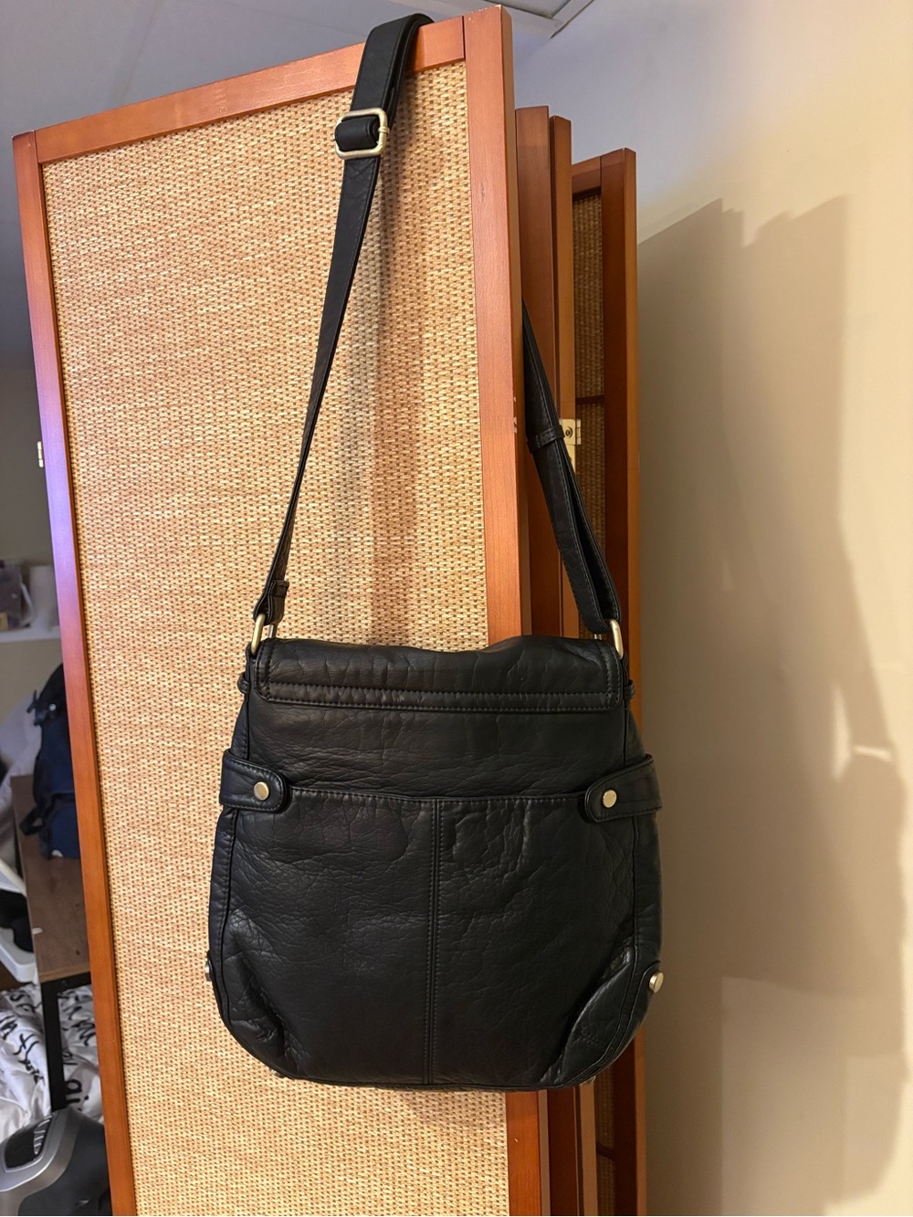 Everyday Black Leather Shoulder Bag with Flap - Picture 3 of 5